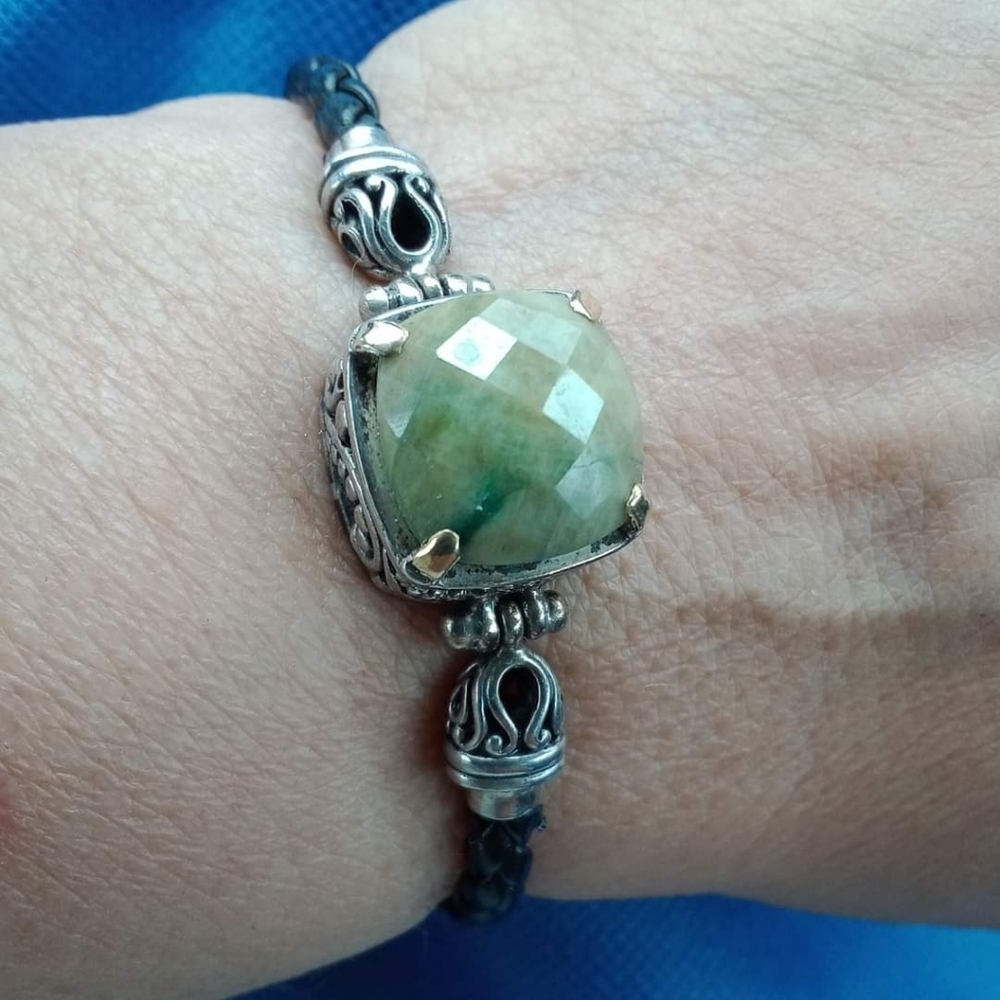 Stunning, unique Sterling Silver, Natural Jade & Leather designer bracelet
